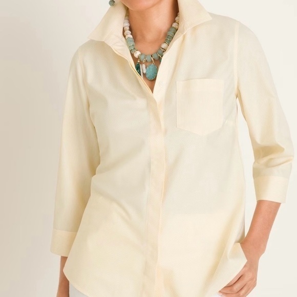Chico's Tops - Chicos No-Iron Cotton Striped Pocket White & Yellow Nautical Shirt 2